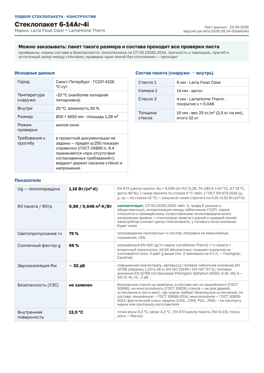Первая страница листа данных стеклопакета в PDF