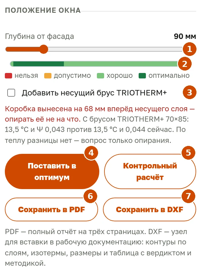 Блок «Положение окна»: ползунок глубины, полоса зон, брус TRIOTHERM+, кнопки расчёта и экспорта