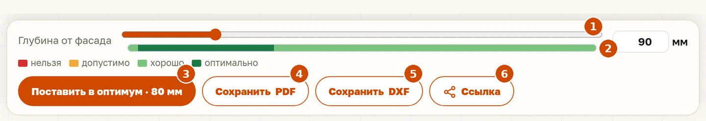 Полоса внизу экрана: глубина от фасада, полоса зон, кнопки «Поставить в оптимум», «Сохранить PDF», «Сохранить DXF» и «Ссылка»
